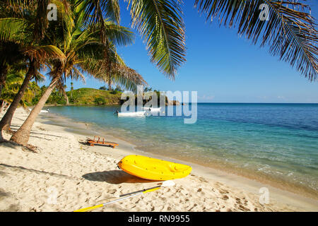 Sea Kayak auf dem Strand in der Nähe von Palmen, Nacula Island, Yasawas, Fidschi Stockfoto