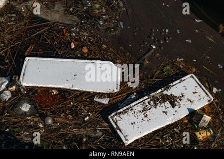 Plastikmüll im Hafen. Embden. Deutschland Stockfoto