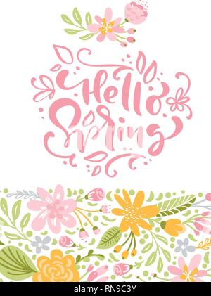 Blume Vektor Grußkarte mit Text Hallo Frühling. Isolierte flache Abbildung auf weißen Hintergrund. Feder skandinavischer Hand gezeichnet Natur Hochzeit Stock Vektor