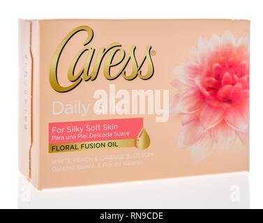 Winneconne, WI - 14. Februar 2019: ein Paket von Streicheln täglich Seide Seife auf einem isolierten Hintergrund Stockfoto
