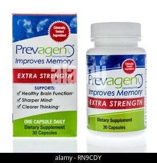 Winneconne, WI - 14. Februar 2019: eine Flasche Preagen verbessert das Gedächtnis diätetische Ergänzung in einem isolierten Hintergrund Stockfoto