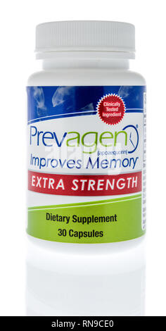 Winneconne, WI - 14. Februar 2019: eine Flasche Preagen verbessert das Gedächtnis diätetische Ergänzung in einem isolierten Hintergrund Stockfoto