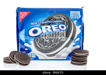 Winneconne, WI - 14. Februar 2019: ein Paket von Nabisco Oreo chocolate sandwich Cookies auf einer isolierten Hintergrund Stockfoto