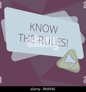 Schreiben Hinweis, kennen die Regeln. Business Foto präsentieren Lernen der allgemein anerkannte Grundsatz oder Anweisungen zu Megaphon im Dreieck und Bl folgen Stockfoto
