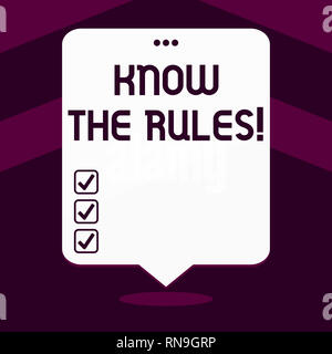 Schreiben Hinweis, kennen die Regeln. Business Foto präsentieren Lernen der allgemein anerkannte Grundsatz oder Anweisungen zu folgen Stockfoto