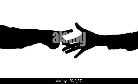 Silhouette junge Mann und Frau spielen Rock Paper Scissors. Stockfoto