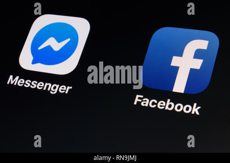 Indianapolis - ca. Februar 2019: App Icons von Social Media Riese Facebook App. Trotz Bedenken im Hinblick auf den Datenschutz, Facebook hat über 2 Milliarden Nutzer II. Stockfoto