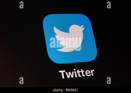 Indianapolis - ca. Februar 2019: App und Logo der Social Media Giant Twitter. Twitter ist der Meinung Puls der Welt täglich ICH Stockfoto