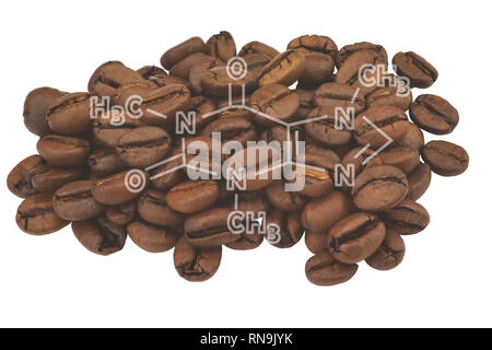 Nahaufnahme von Kaffeebohnen und markierten Molekül Regelung von Koffein Stockfoto