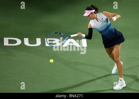 Dubai. 17 Feb, 2019. Muguruza garbine von Spanien kehrt die Kugel während der Damen gegen Dayana Yastremska der Ukraine von Dubai Duty Free Tennis WTA Meisterschaften 2019 in Dubai, Vereinigte Arabische Emirate, Jan. 17, 2019. Muguruza Garbine gewann 2-1. Credit: Mahmoud Khaled/Xinhua/Alamy leben Nachrichten Stockfoto