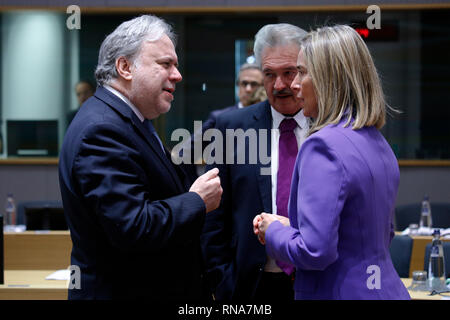 Brüssel, Belgien. Februar 2019 18. Griechische Außenminister Georgios Katrougalos nimmt in der Europäischen Union Rat für Auswärtige Angelegenheiten treffen. Alexandros Michailidis/Alamy leben Nachrichten Stockfoto