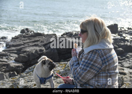 Fowey, Cornwall, UK. 18 Feb, 2019. UK Wetter. In den strahlenden Sonnenschein, es fühlt sich an wie ein Sommertag am Meer in Mousehole, Zeit für das erste Eis der Saison. Foto: Simon Maycock/Alamy leben Nachrichten Stockfoto