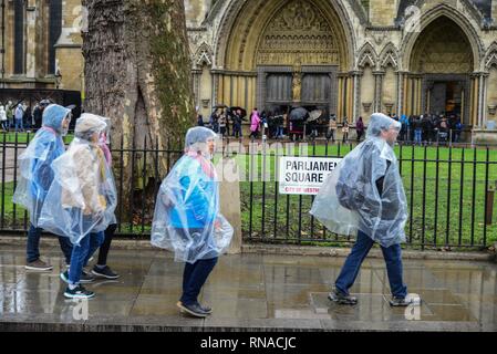 London, Großbritannien. 18 Feb, 2019. UK Wetter: Touristen durch strömenden Regen in Westminster London zu Fuß. Credit: Claire Doherty/Alamy leben Nachrichten Stockfoto