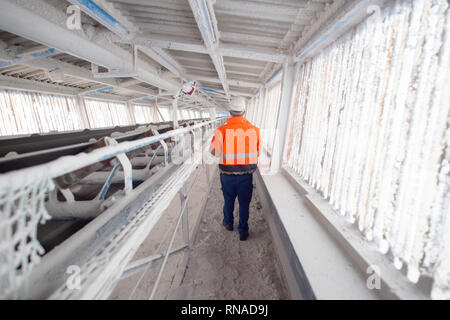 Bernburg, Deutschland. 16 Jan, 2019. Ein Techniker aus der 'Europäischen Salt Company" (ESCO) Spaziergänge auf ein Förderband. Das Unternehmen produziert Salz im Salzlandkreis aus einer Tiefe von 700 m. Das Salz wurde es vor 250 Millionen Jahren abgelagert, wenn ein Meer es verdampft. Unter anderem Streusalz wird aus Das abgebaute Salz, die derzeit auf allen Straßen nördlich des Mains verwendet wird. Credit: Klaus-Dietmar Gabbert/dpa-Zentralbild/ZB/dpa/Alamy leben Nachrichten Stockfoto