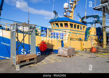 Union Hall, West Cork, Irland. 18. Feb 2019. Trawler Áine Christina landete sie feinen Fang von Garnelen, kommen neben in der Union Halle vor der schlechten Wettervorhersage zu kommen. Diese Last von 7 Tonnen wurde landete und in einem Kühlwagen in Minuten, viel von ihm für den Kontinent gebunden. Credit: aphperspective/Alamy leben Nachrichten Stockfoto