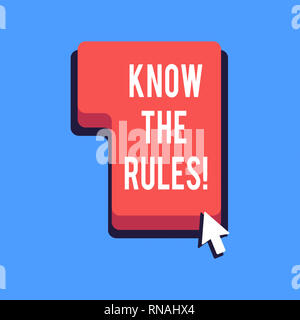 Schreiben Hinweis, kennen die Regeln. Business Foto präsentieren Lernen der allgemein anerkannte Grundsatz oder Anweisungen zu folgen Stockfoto
