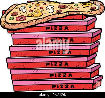 Pizza Box viel auf weißem Hintergrund isolieren. Pop Art retro Vektor illustration Vintage kitsch Stock Vektor