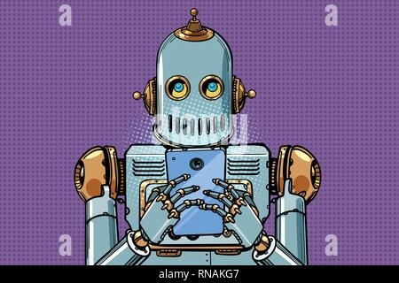 Roboter schaut auf das Smartphone. Pop Art retro Vektor illustration Vintage kitsch Stock Vektor
