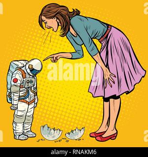 Frau schimpft mit Astronauten. Die schuldigen zerstört Mond. Pop Art retro Vektor illustration Vintage kitsch Stock Vektor