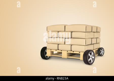 3D-Rendering von Holz- Gabelhubwagen mit braun-Papier Pakete auf beigen Hintergrund geladen. Stockfoto