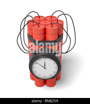 3D-Rendering aus einem Bündel von Dynamite Sticks mit einer Uhr an der Seite von es auf einem weißen Hintergrund. Stockfoto