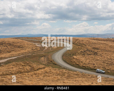Gewundene Straße durch tussock Land auf Ngamatea Station, Inland Mokai Patea, Central North Island, Neuseeland Stockfoto