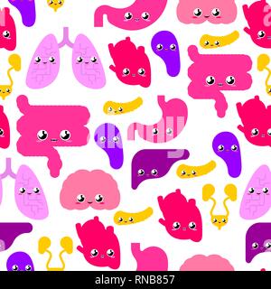 Cute menschliche Innere Organe Muster Nahtlose. Anatomie Hintergrund Cartoon Stil. Systeme des Menschen Körper und Organe Ornament. Medical Systems Textur kids c Stock Vektor