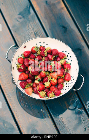 Nahaufnahme der Schale mit frischen Erdbeeren bestreut Regentropfen auf hölzernen Tisch Stockfoto