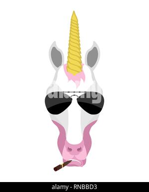 Einhorn Cool brutal schwere Avatar der Emotionen. Magic Horse rauchen Zigarre emoji. Fairy Tier streng. Vector Illustration Stock Vektor