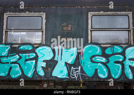 Verlassenen und verfallenen Zug Wagen mit Graffiti an verlassenen Bahnhof in Belgien Stockfoto