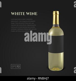 Fotorealistische Flasche Weißwein auf schwarzem Hintergrund Stock Vektor