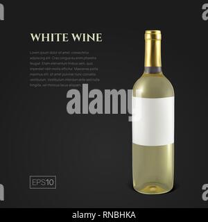 Fotorealistische Flasche Weißwein auf schwarzem Hintergrund Stock Vektor