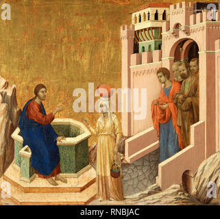 Duccio di Buoninsegna (Aktiv 1278? Siena, vor dem 3. August 1319). Christus und die Samariterin (1310 - 1311). Tempera und Gold auf. 43,5 x 46 cm. Museum: Museo Nacional Thyssen-Bornemisza, Madrid. Stockfoto