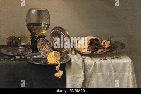 Willem Claesz. Heda (Haarlem, 1593/94-1680). Stillleben mit Obst Torte und verschiedene Objekte (1634). Öl auf Leinwand. 43,7 x 68,2 cm. Museum: Museo Nacional Thyssen-Bornemisza, Madrid. Stockfoto