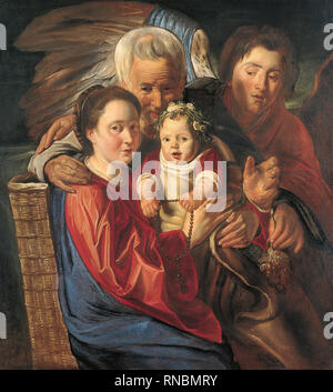 Jacob Jordaens und Workshop (Antwerpen, 1593-1678). Die Heilige Familie mit einem Engel (Ca. 1625 - 1629). Öl auf Leinwand. 89,7 x 103 cm. Museum: Museo Nacional Thyssen-Bornemisza, Madrid. Stockfoto