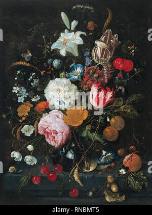 Jan Davidsz. de Heem (Utrecht, 1606 - Amberes, 1683/4). Blumen in einer Glasvase mit Obst (Ca. 1665). Öl auf Leinwand. 53,4 x 41 cm. Museum: Museo Nacional Thyssen-Bornemisza, Madrid. Stockfoto