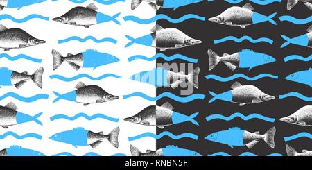 Hand gezeichnet Collage nahtlose Muster von rosa Lachs fischen. Für Menü oder das Design der Verpackung. Meeresfrüchte Vector Illustration. Moderne Hintergrund. Engr Stock Vektor