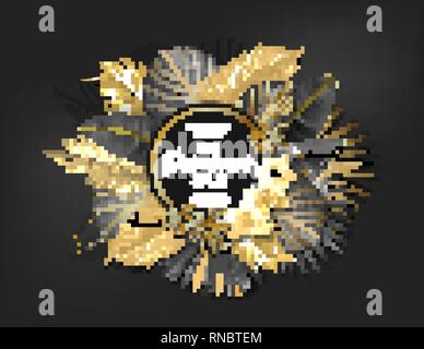 Tropischen hawaiischen Verkauf Plakat mit Gold und Schwarz Palm Blätter und exotischen Blumen auf einem dunkelgrauen Hintergrund. Runden Rahmen. Vector Illustration. Stock Vektor