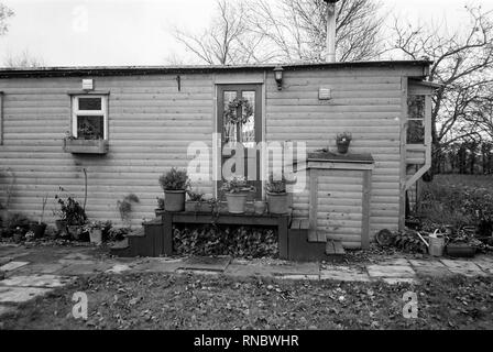 Blockhausstil Mobilheim, Hattingley, Medstead, Alton, Hampshire, England, Vereinigtes Königreich. Stockfoto