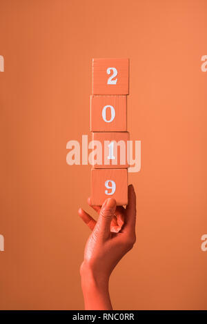 Teilweise mit Blick auf die Frau mit coral Holzwürfel mit 2019 Nummern auf Coral Hintergrund, Farbe 2019 Konzept Stockfoto