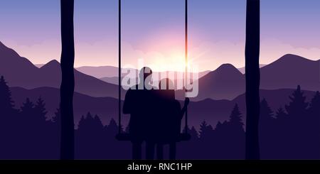 Paar in der Liebe auf einer Schaukel genießt die Aussicht auf die Berge bei Sonnenaufgang Vektor-illustration EPS 10. Stock Vektor