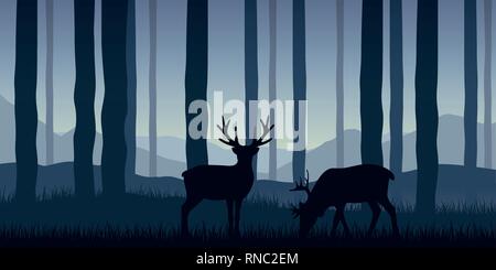 Zwei Tiere Rentiere im Wald blau natur landschaft Vektor-illustration EPS 10. Stock Vektor