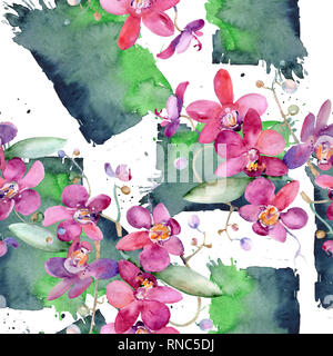 Pink Orchid bouquet Blumig botanischen Blume. Aquarell Hintergrund Abbildung. Nahtlose Muster. Stockfoto