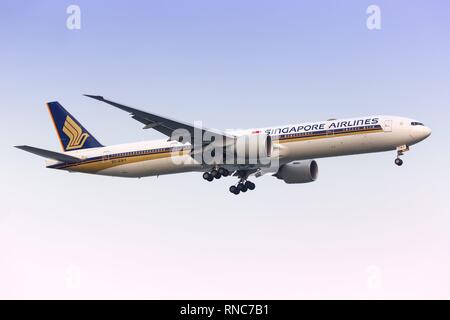 Singapur, Singapur - 29. Januar 2018: Singapore Airlines Boeing 777 am Flughafen Singapur Changi (SIN) in Singapur. | Verwendung weltweit Stockfoto