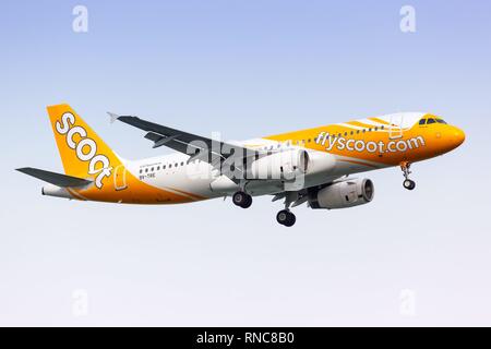 Singapur, Singapur - 29. Januar 2018: Flyscoot Airbus A320 am Flughafen Singapur Changi (SIN) in Singapur. | Verwendung weltweit Stockfoto