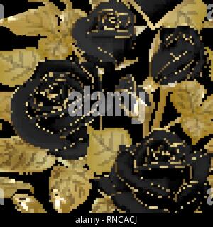 Nahtlose Muster mit schwarzen Rosen und Golden Leaf auf schwarzem Hintergrund. Vector Illustration. Stock Vektor