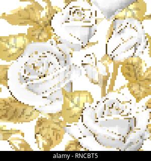 Blumen Rosen auf einem weißen Hintergrund. Vektor nahtlose Muster. Gold und Weiß Floral Design. Jahrgang. Schönen Blumensträußen gold Folie drucken. Stock Vektor