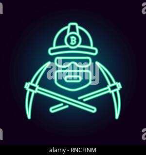 Bitcoin Mining Vector Illustration in Neon Stil. Flache einfache lineare Symbol eines Arbeitnehmers Bergbau cryptocurrency mit Spitzhacken Stock Vektor