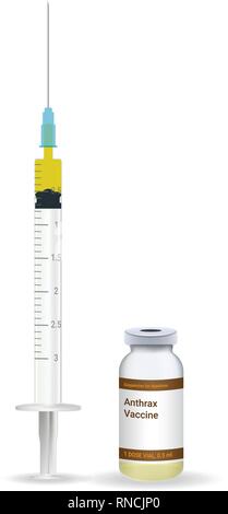 Immunisierung, Anthrax Vaccine Kunststoff medizinische Spritze mit Nadel und Fläschchen isoliert auf einem weißen Hintergrund. Vector Illustration. Stock Vektor