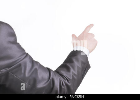Ansicht der Rückseite. Hand eines Geschäftsmannes an eine Kopie Raum zeigend Stockfoto
